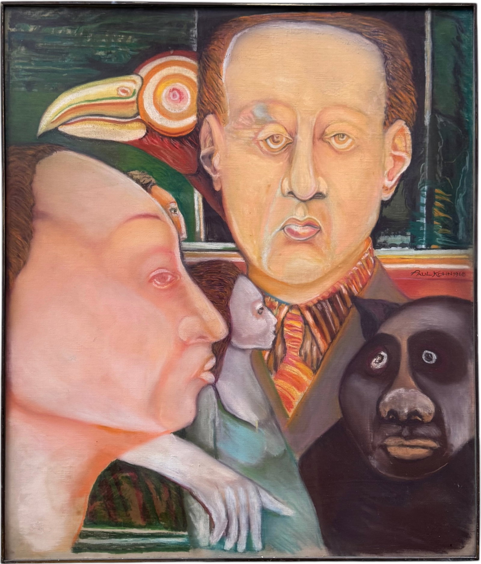 Paul Kohn (American, 20th C.) MCM Surrealist Expressionist Pastel, Kulicke Frame, 1968: Mixed media on paper 25 1/2 x 21 1/2 in (framed)