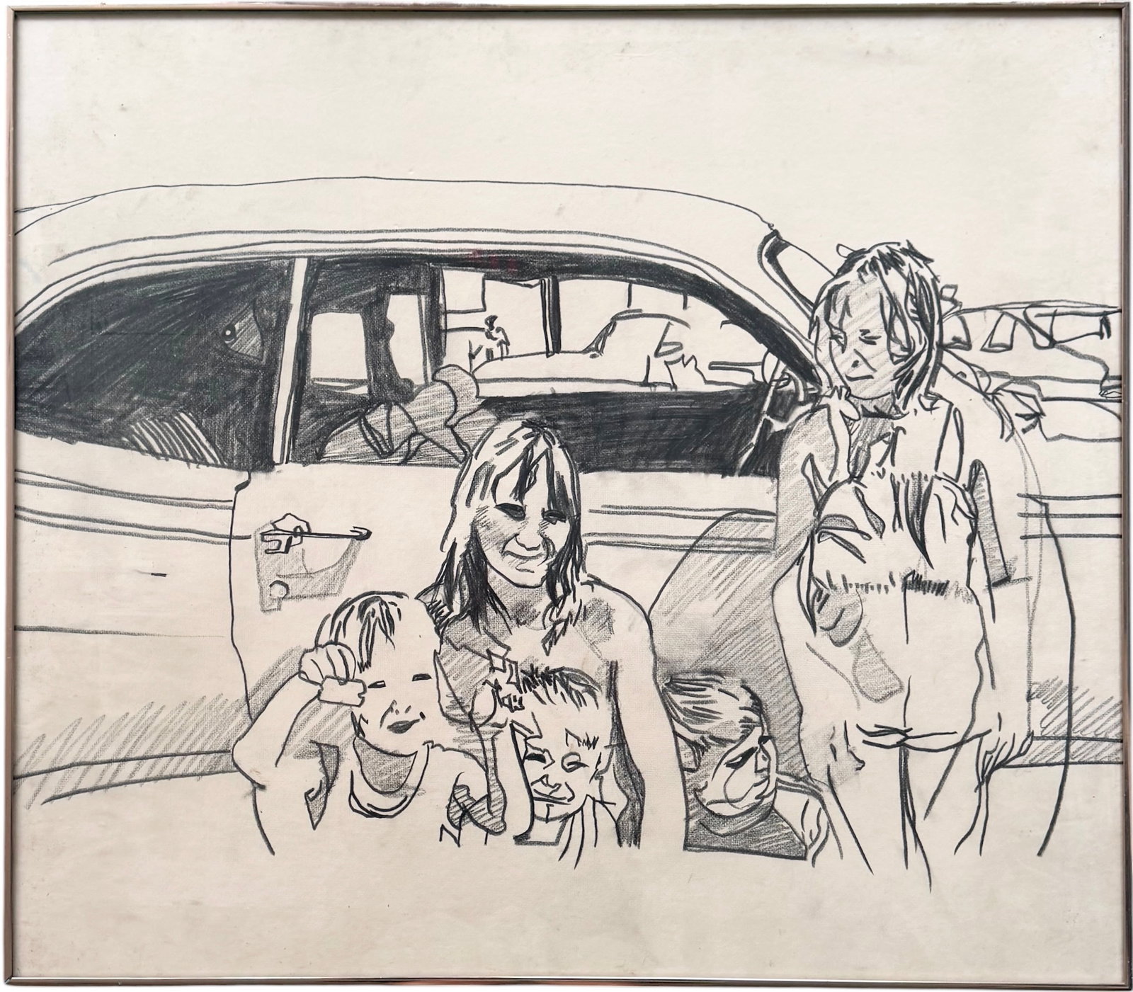 Vintage Charcoal Sketch – Mid-Century Family Portrait with Classic Car, Style Of Alex Katz (1 of 5)