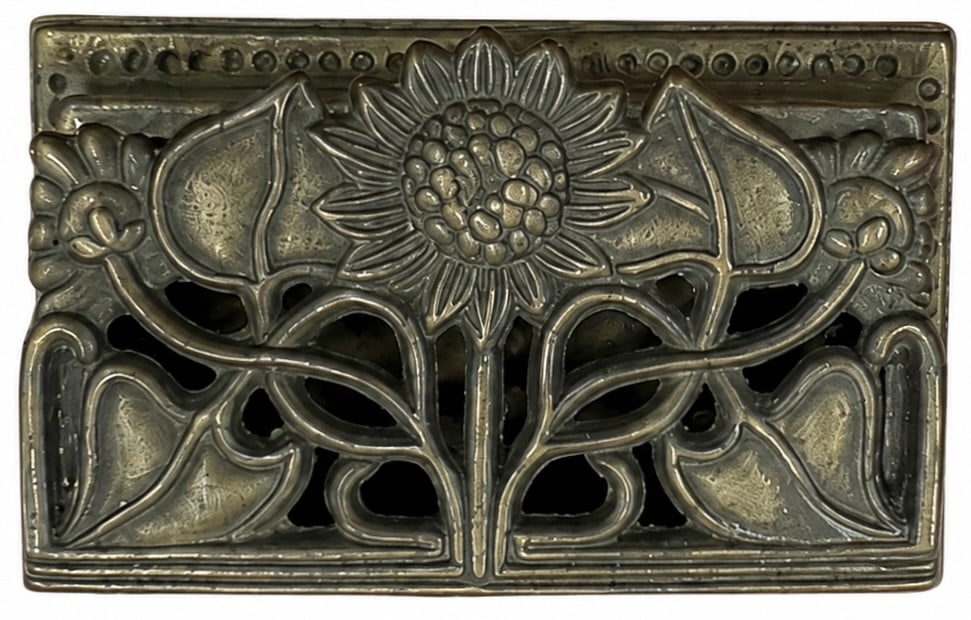 Vintage Art Nouveau Brass Stamp Box Sunflower Hinged Trinket Desk Organizer: 3 1/2 x 2 x 1 1/2 in
