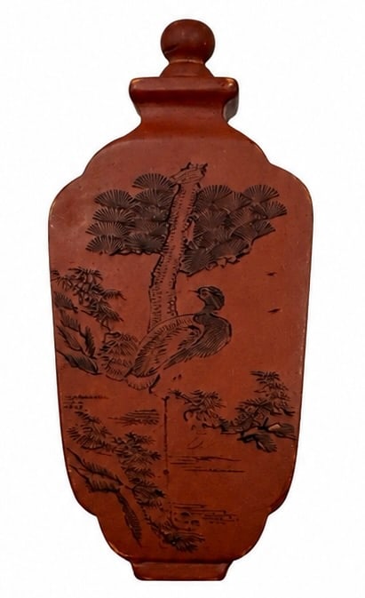 Antique Chinese Carved Red Jasper Snuff Bottle Crane & Pine (1 of 6)