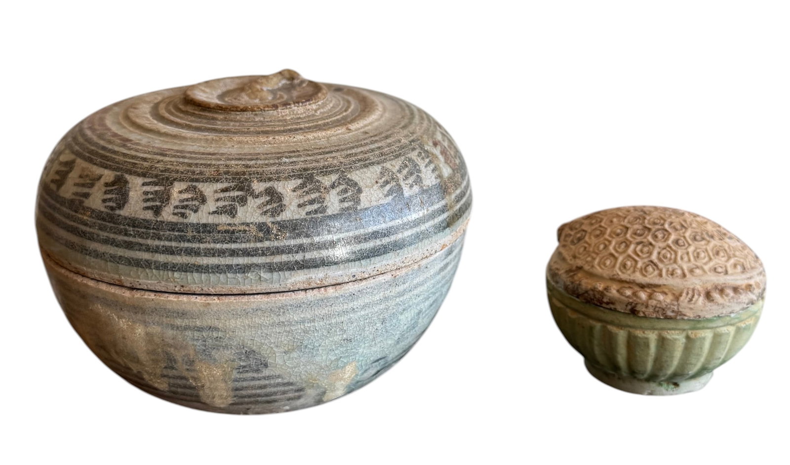 Two Antique Southeast Asian Glazed Ceramic Boxes Thai or Khmer: 4 1/2 x 3 in, 2 1/4 x 2 in