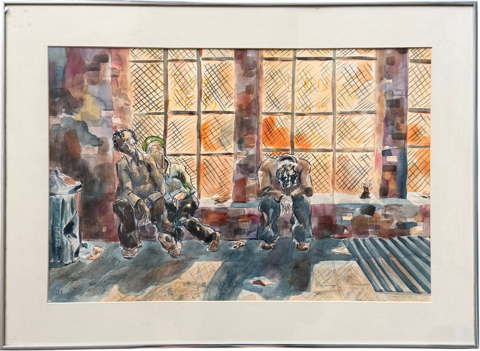 Vintage 1980 Urban Realism Gritty Street Scene Watercolor Painting Signed BISCHOFF: Watercolor on paper 21 1/2 x 14 1/4 in, 27 x 19 1/2 in (framed).
