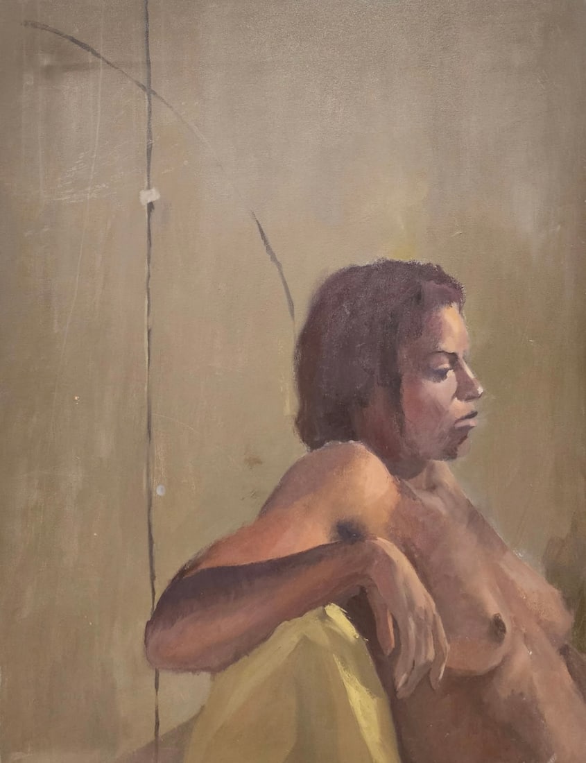 Mid-Century Modernist Figural Nude, Oil On Canvas: Oil painting on canvas 32 x 42 in. Appears unsigned