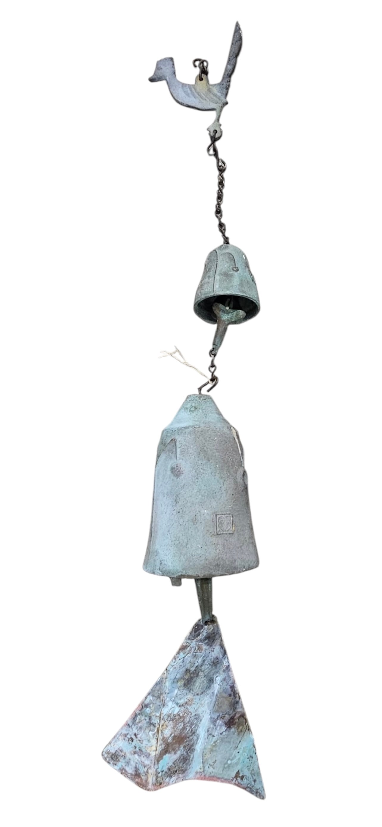 Vintage Paolo Soleri Cosanti Brutalist Roadrunner Top Patinated Bronze Wind Bell Chime 24": 24 in