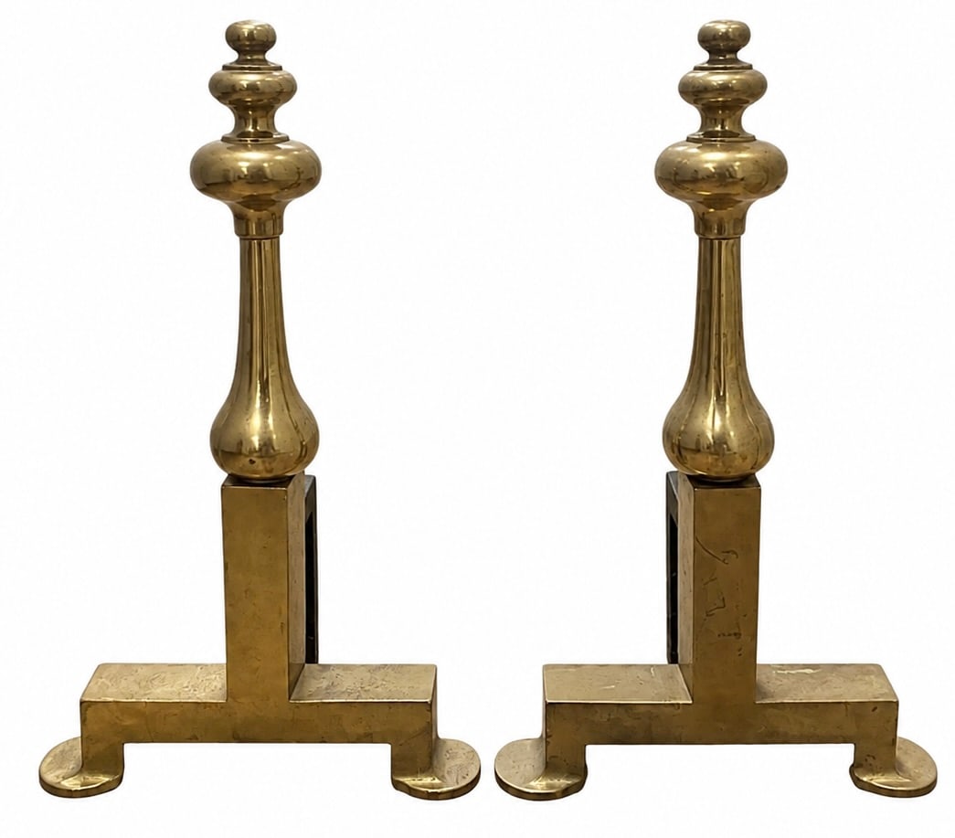 Pair Of Mid-Century Modern Brass Fireplace Andirons: 12 x 19 x 6 in