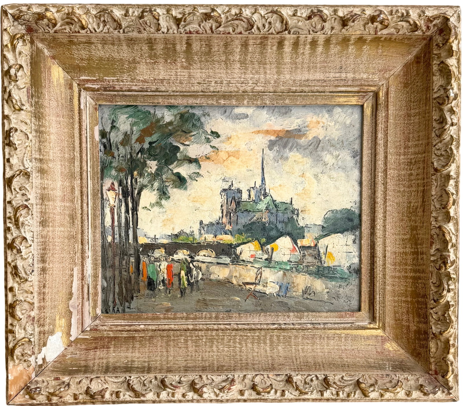 Vintage Mid-20th C. Paris Cityscape Oil Painting, Notre-Dame, Signed: Oil painting on canvas 8 x 10 in, 13 1/2 x 15 1/2 in (framed)
