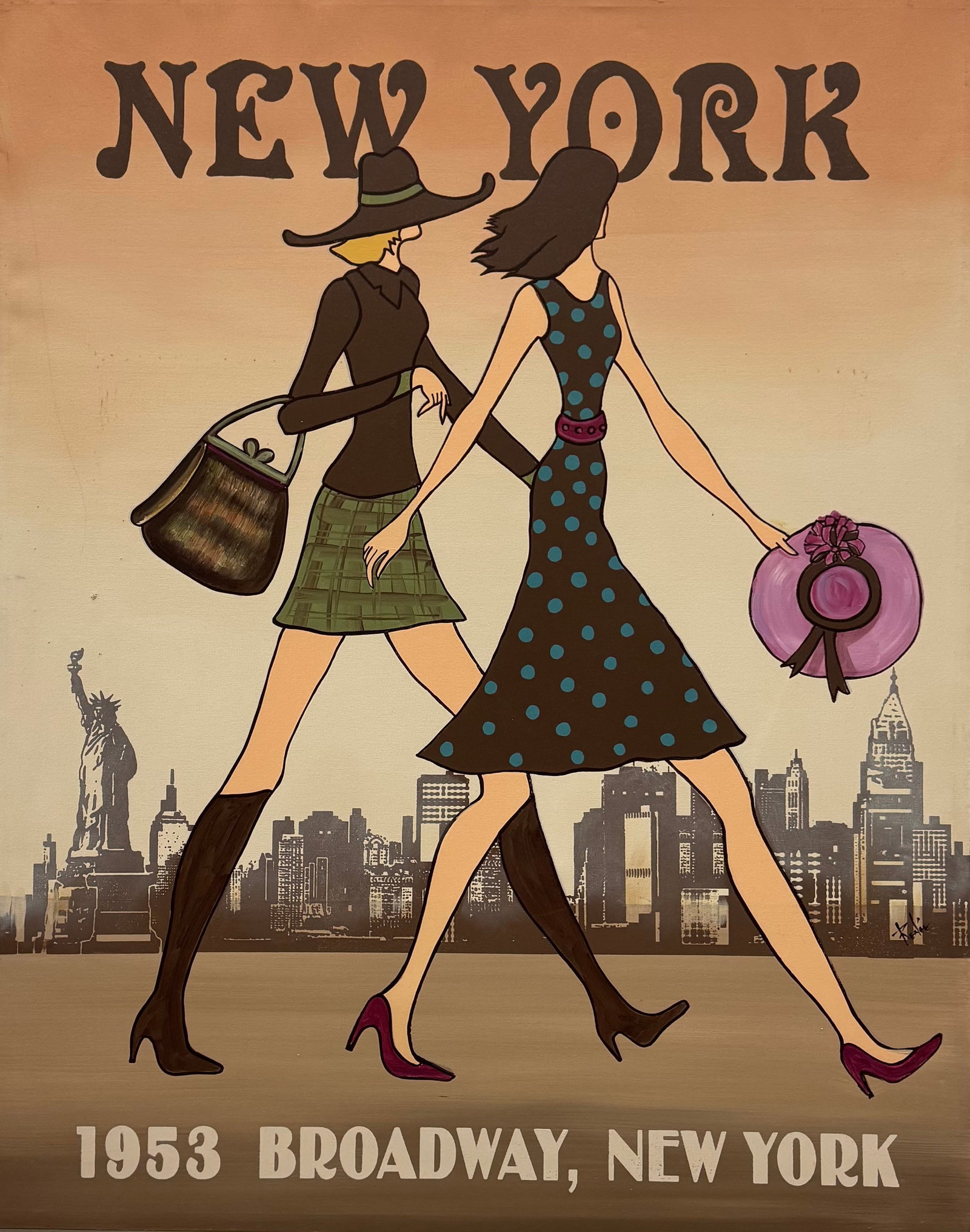 Large Artists Guild of America, "1953 Broadway New York" Fashion Painting: Oil painting on canvas 50 x 40 in. Oversized item
