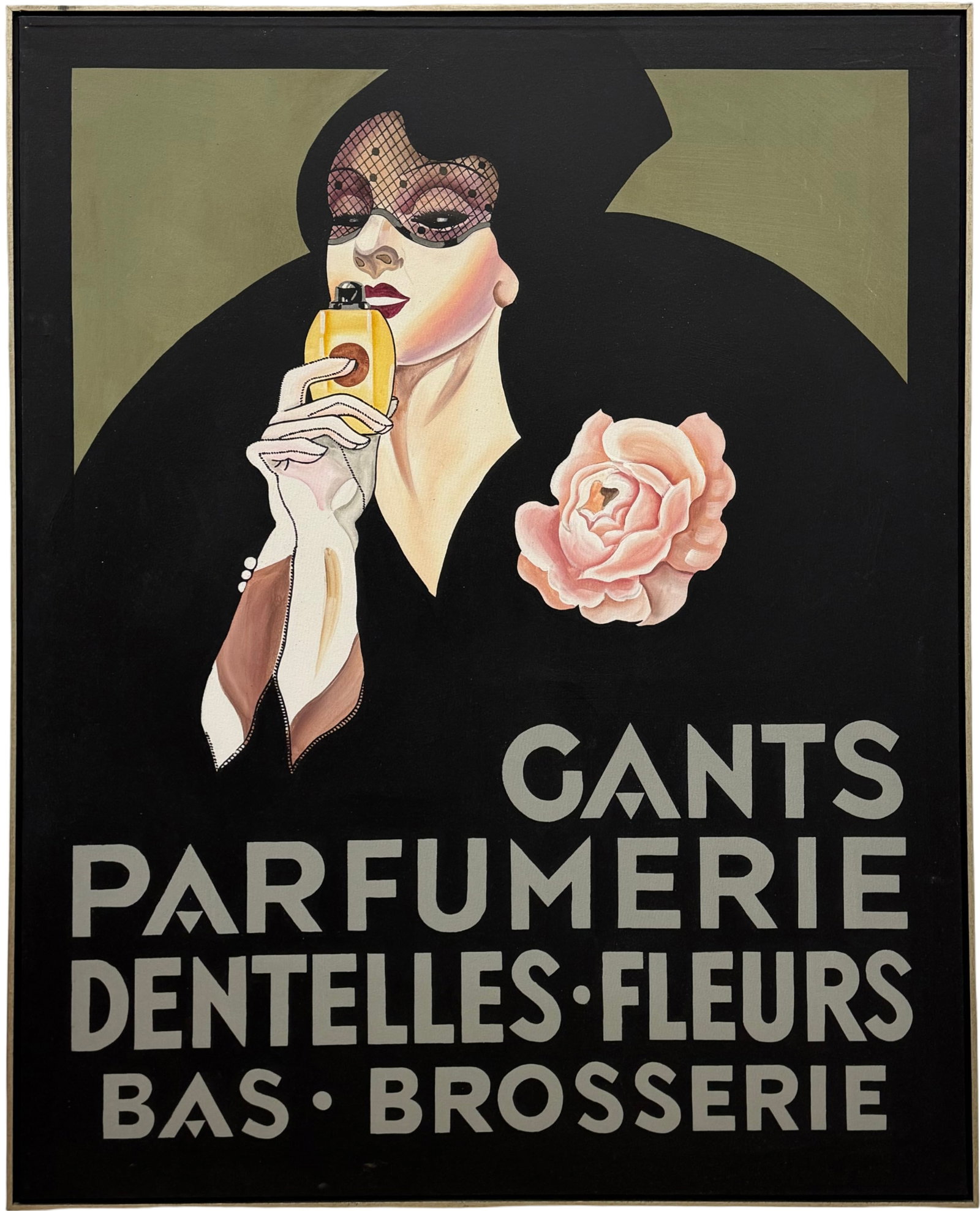 Large Artists Guild of America, "Gants Parfumerie" Fashion Painting: Oil painting on canvas 50 x 40 in. Oversized item
