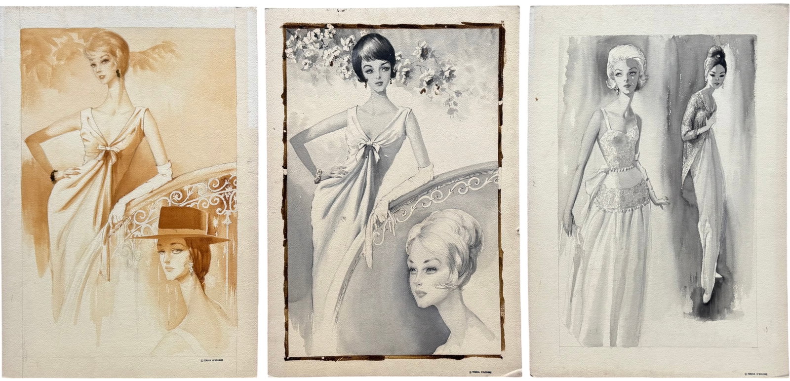 3pc Terina O'Rourke Mid-Century Fashion Illustrations: Watercolor on cardboard 22 x 15 in