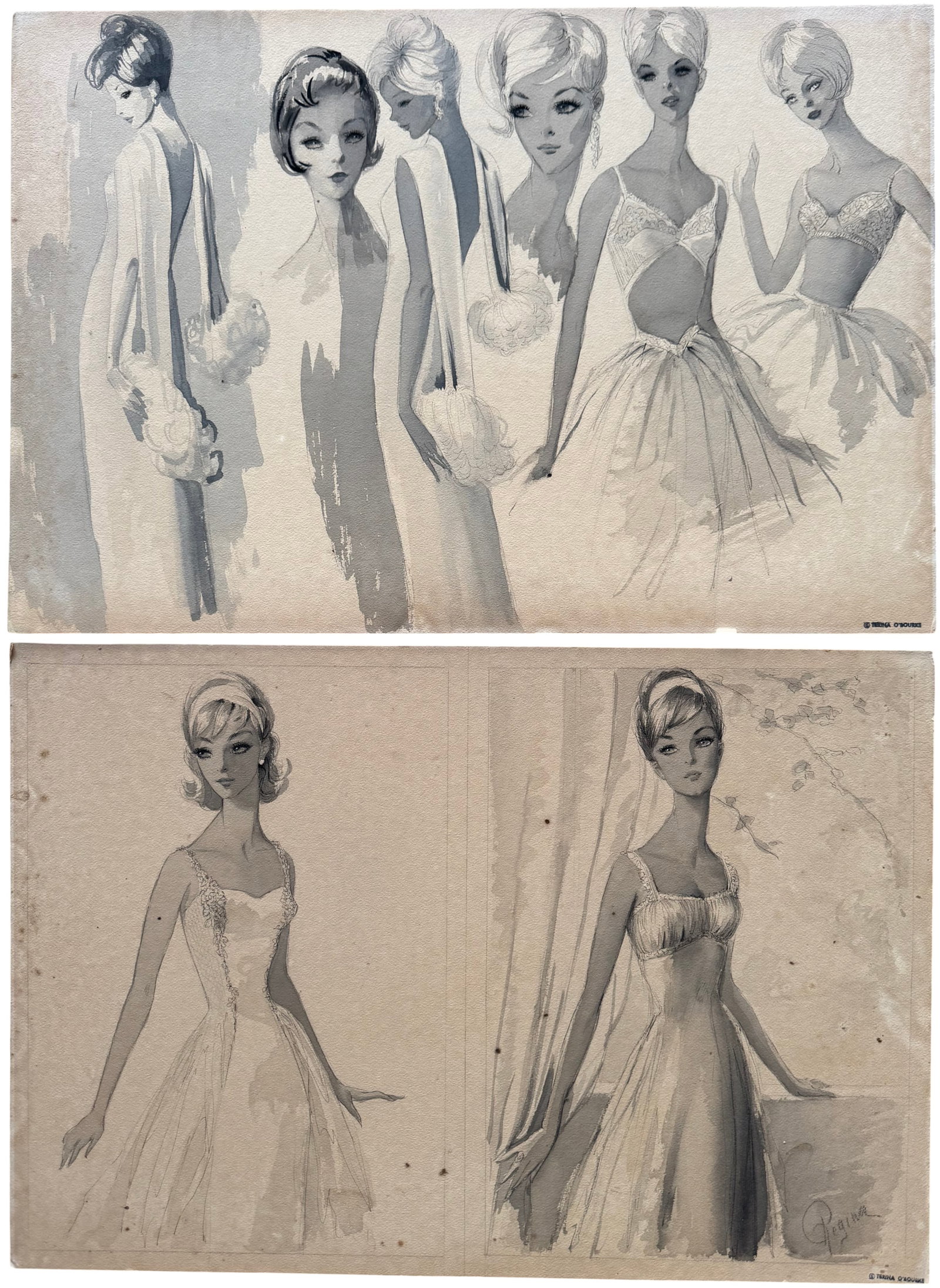 2pc Terina O'Rourke Mid-Century Fashion Illustrations: Watercolor on paper 22 x 15 in