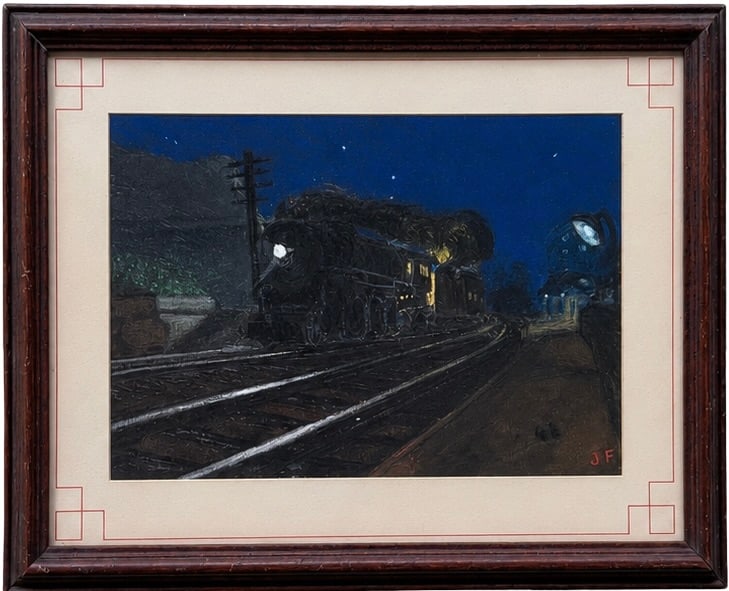 NYC Mohawk Steam Locomotive 2933 Pastel, J. Fitzpatrick 1947 (68 characters): This is an original 1947 pastel painting titled "2933 at Chester" by the artist J. Fitzpatrick. It was featured in the 13th Annual Exhibition by Staten Island Artists, which ran from April 6 to May 7,