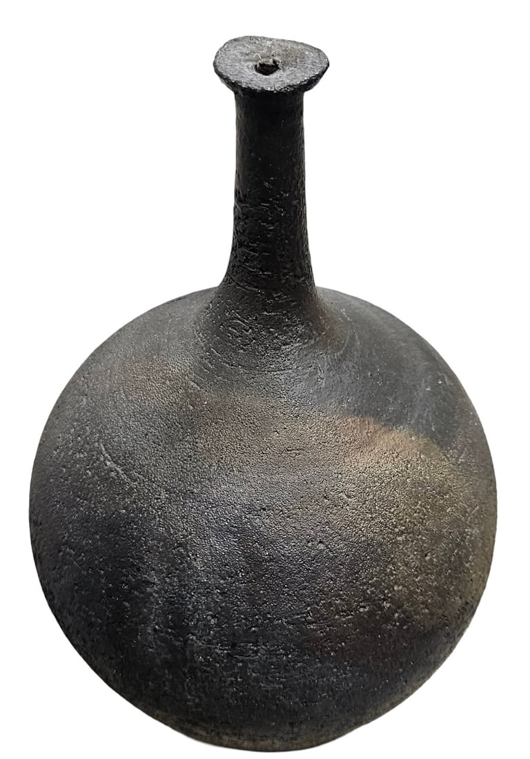 Mid-Century Modern textured Black Studio Pottery Bottle Vase: 9 x 6 in