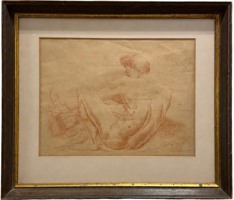Early 19th C. Academic Study Male Nude Red Charcoal Drawing,: Charcoal on paper 12 x 16 in