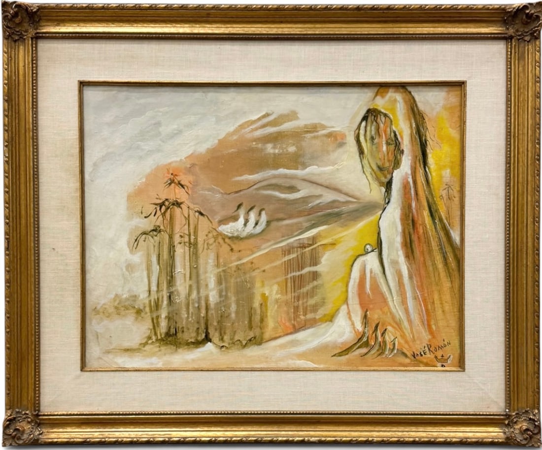 JOSE RAMON (Cuban Mid-Century) Surrealist Oil Painting: Oil painting on board 24 1/2 x 18 1/2 in, 33 1/2 x 27 1/2 in (framed)