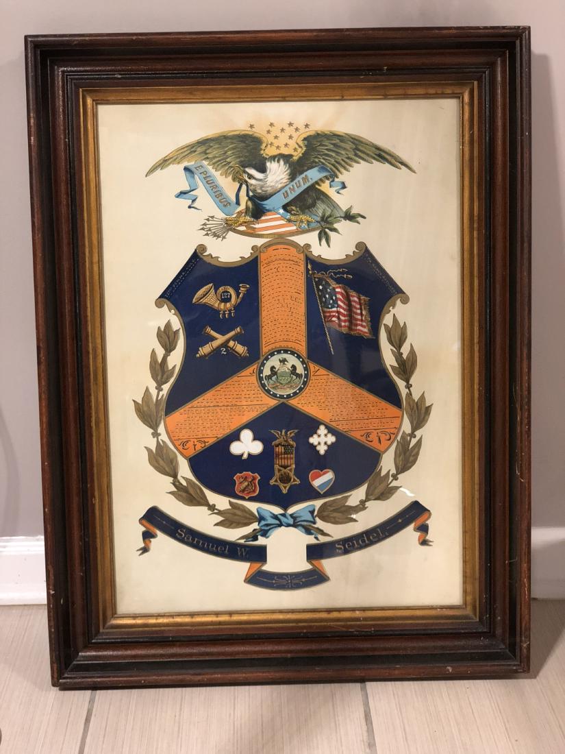 SCARCE CIVIL WAR ACHIEVEMENT OF ARMS CERTIFICATE: SCARCE CIVIL WAR ACHIEVEMENT OF ARMS CERTIFICATE FOR CIVIL WAR SAMUEL W. SEIDEL. SEIDEL, SAMUEL ENLISTED IN PENNSYLVANIA WITH THE UNION SIDE, 2ND REGIMENT, PENNSYLVANIA HEAVY ARTILLERY 112TH VOLUNTEER