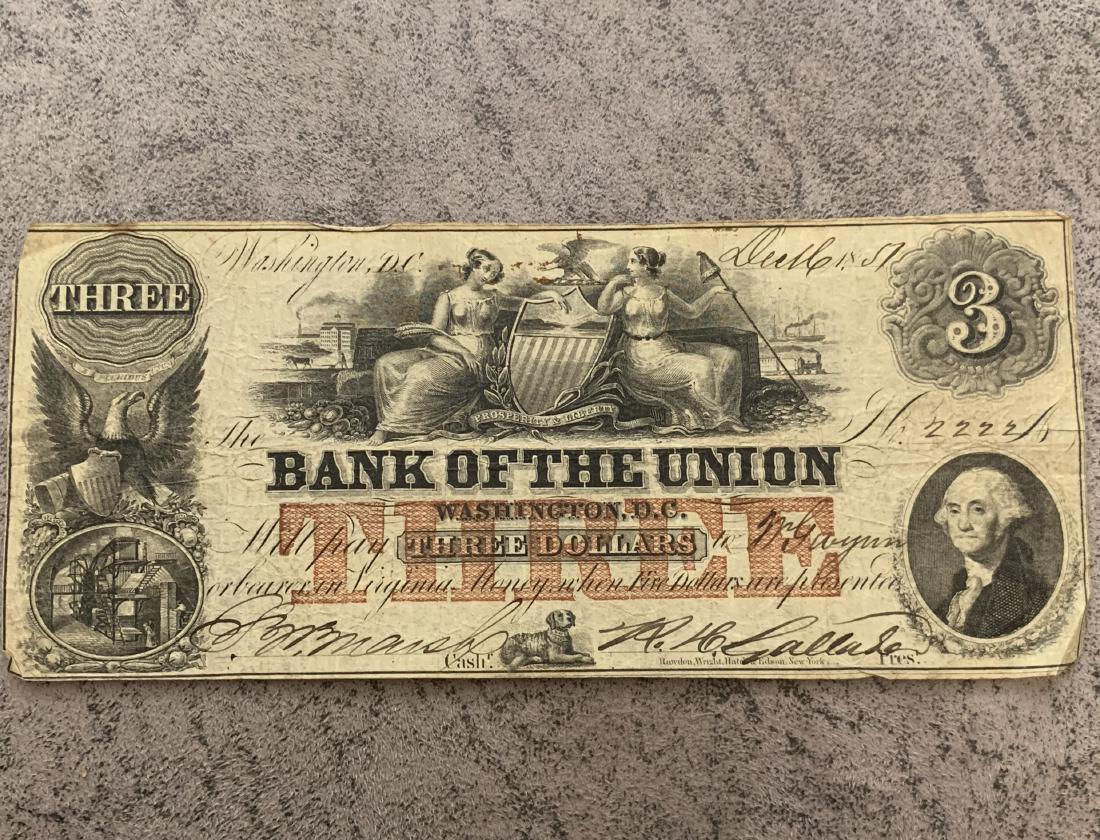 CIVIL WAR BANK OF THE UNION NOTE: CIVIL WAR BANK OF THE UNION NOTE. IN MINT SHAPE AND OVERALL CONDITION.