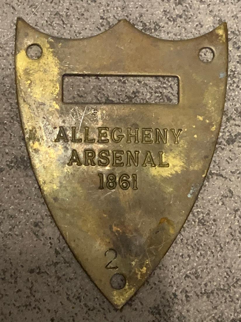 SCARCE CIVIL WAR US ALLEGHENY ARSENAL SADDLE SHIELD: SCARCE CIVIL WAR US ALLEGHENY ARSENAL SADDLE SHIELD PLATE DATED 1861, RARE FIND. ATTIC FOUND PATINA. A GREAT ADDITION TO YOUR COLLECTION.
