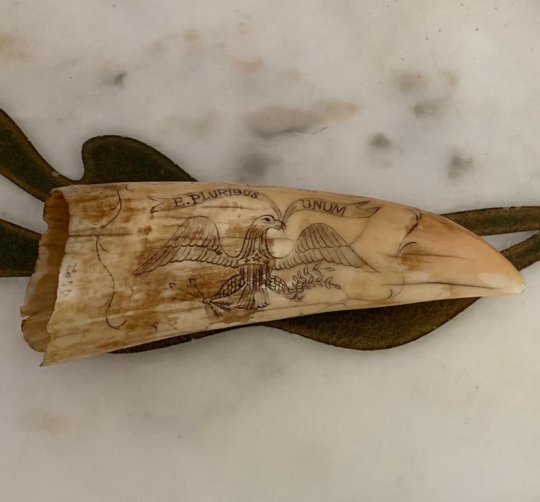 RARE CIVIL WAR CONFEDERATE WHALE TOOTH SCRIMSHAW: RARE CIVIL WAR CONFEDERATE SPERM WHALE TOOTH NAVAL SCRIMSHAW. BEAUTIFUL EAGLE ETCHED ON THE FRONT WITH THE BOATS ON THE BACK. VERY NEAT AND A GREAT CONVERSATION PIECE. A GREAT ADDITION TO YOUR COLLECT