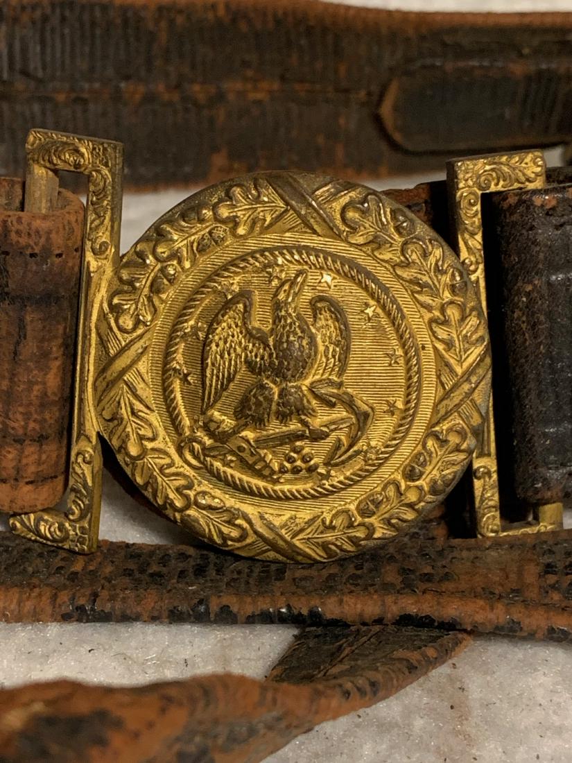 SCARCE CIVIL WAR NAVY COMPLETE BELT & BUCKLE: SCARCE CIVIL WAR NAVY COMPLETE BELT & BUCKLE. IN GREAT SHAPE AND OVERALL CONDITION. COMES WITH ALL THE HANGERS, ETC. A MUST HAVE FOR THE AVID CIVIL WAR ARTIFACT COLLECTOR.