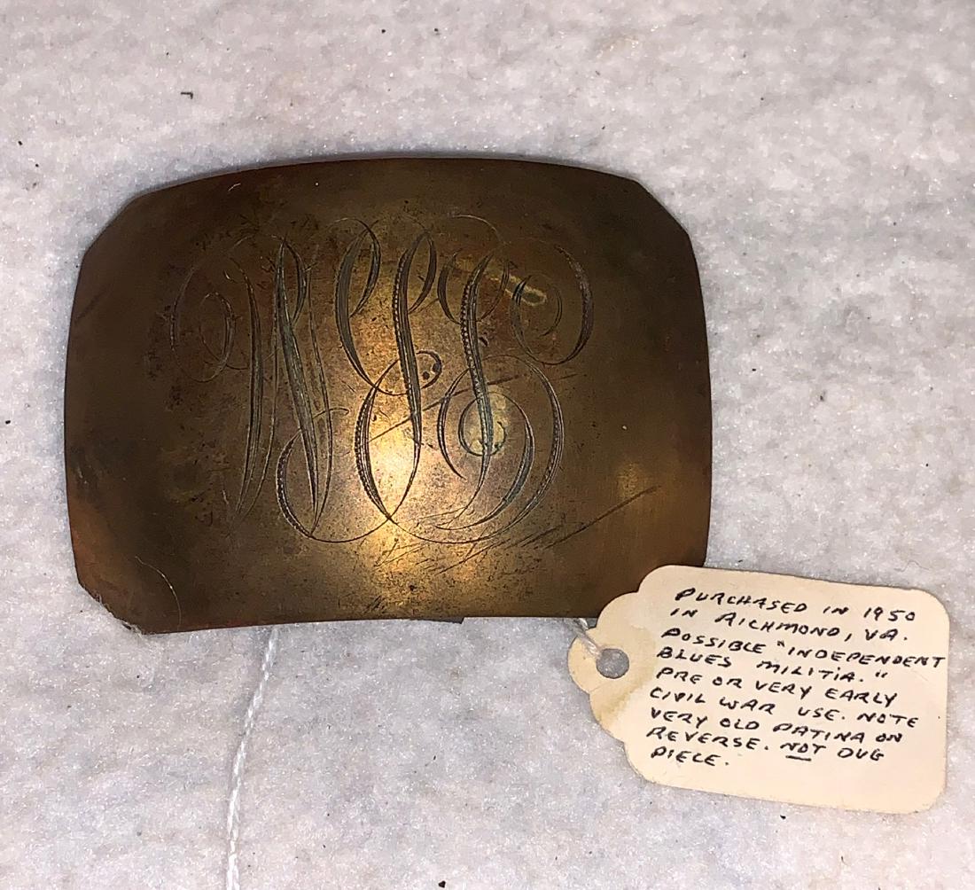 RARE CIVIL WAR ERA INDEPENDENT BLUES MILITIA BELT: RARE CIVIL WAR ERA INDEPENDENT BLUES MILITIA BELT BUCKLE. THIS IS AN EXTREMELY RARE FIND. POSSIBLY EARY OR PRE CIVIL WAR ERA. NON-DUG AND IN MINT SHAPE AND OVERALL CONDITION. THESE BUCKLES ARE BASICAL