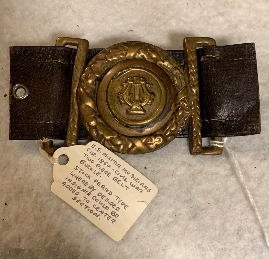 RARE CIVIL WAR U.S. MILITIA MUSICIANS 2 PIECE BELT: RARE CIVIL WAR U.S. MILITIA MUSICIANS 2 PIECE BELT BUCKLE. THIS BELT BUCKLE IS IN EXCELLENT SHAPE AND OVERALL CONDITION. HAS A GREAT OVERALL PATINA. THIS BUCKLE IS VERY SOUGHT AFTER AND HIGHLY COLLECT