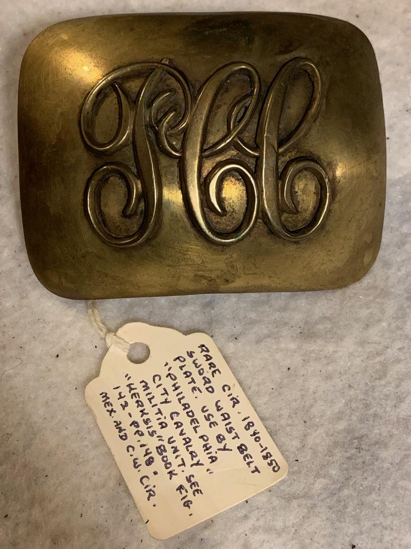 CIVIL WAR ERA PHILADELPHIA CAVALRY MILITIA BELT BUCKLE: CIVIL WAR ERA PHILADELPHIA CAVALRY MILITIA BELT BUCKLE. THIS IS CIRCA 1840-1850's SWORD WAIST BELT PLATE WORTN BY PHILADELPHIA CITY CAVALRY MILITIA UNIT. SEE HERKSIS BOOK FIG. 142, PG 148. A GREAT ADD