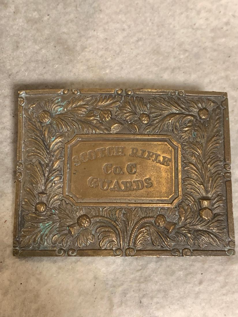 CIVIL WAR SCOTCH RIFLE CO. C GUARDS BELT BUCKLE: CIVIL WAR SCOTCH RIFLE CO. C GUARDS BELT BUCKLE. IN EXCELLENT MINT OVERALL SHAPE AND CONDITION WITH A BEAUTIFUL OVERALL PATINA. HAS MAKER MARKS ON THE BACK - ROBINSON ADAMS & COMPANY RICHMOND, VA. A R