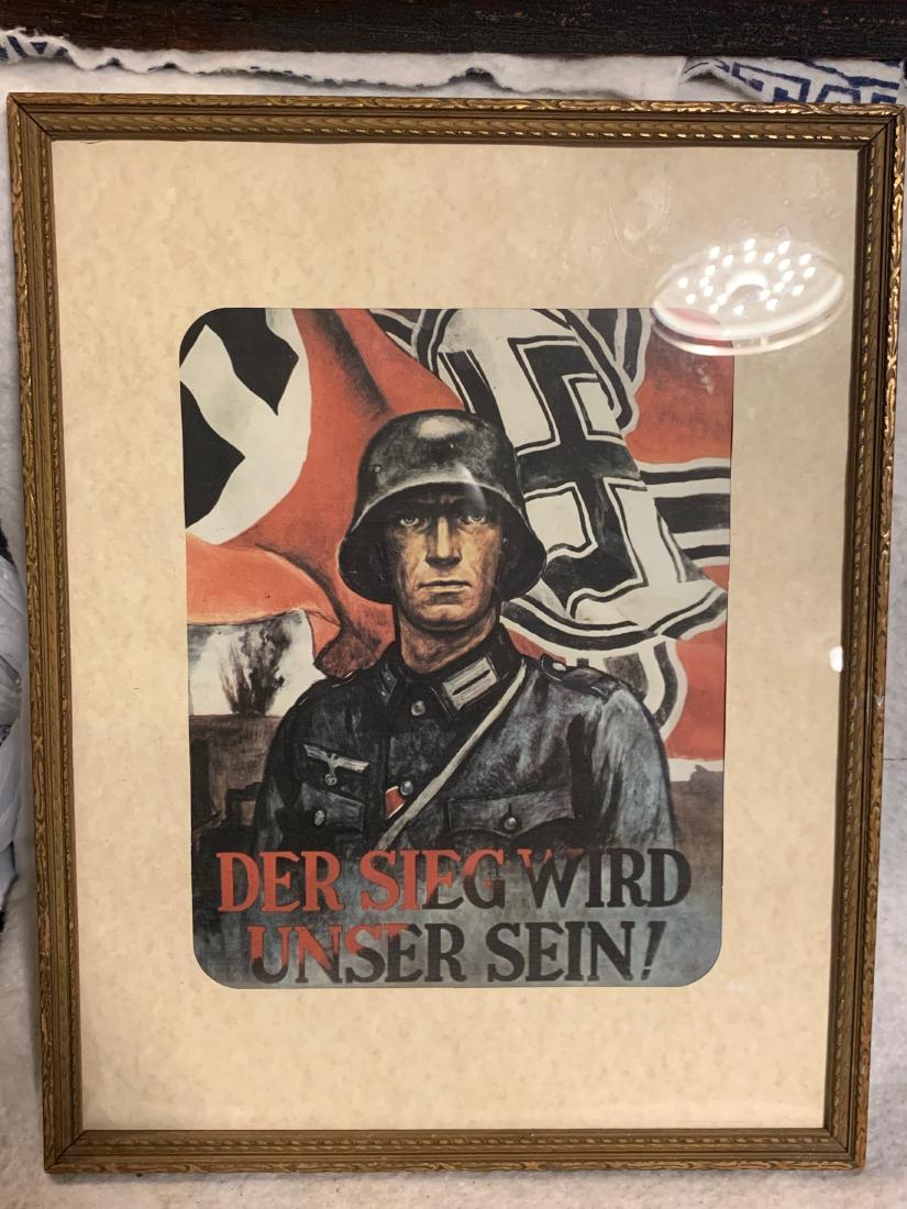 WW2 GERMAN PROPAGANDA VICTORY WILL BE OURS POSTER: WW2 GERMAN PROPAGANDA POSTER FRAMED. The poster shows a German soldier standing in front of a German flag with the wording "Der Sieg wird unser sein" which translate to "Victory Will Be ours". A GREAT