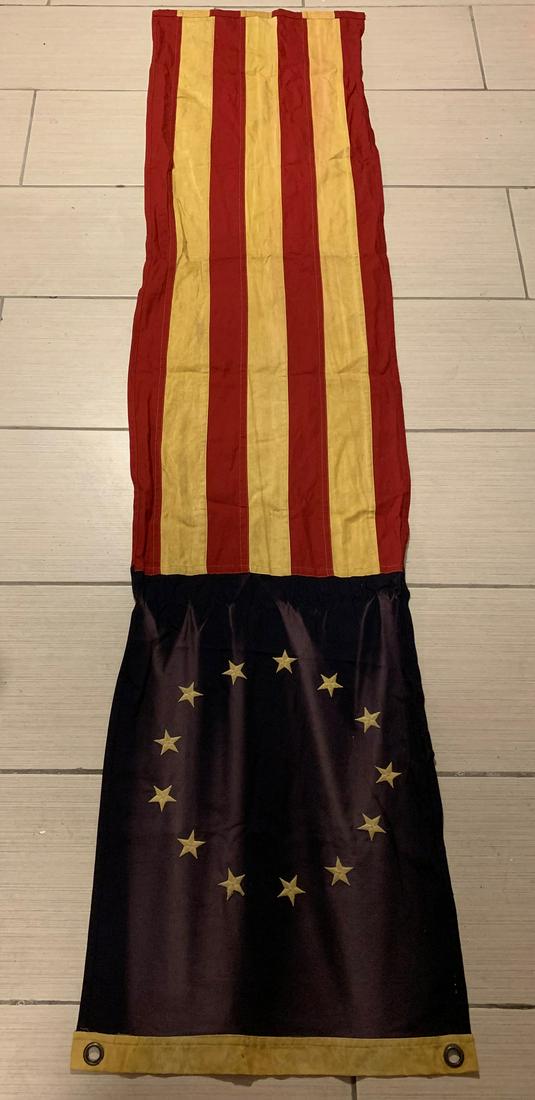 SCARCE CIVIL WAR CONFEDERATE 13 STAR LONG FLAG 89"X29": SCARCE CIVIL WAR CONFEDERATE 13 STAR LONG FLAG. IN EXCELLENT SHAPE AND OVERALL CONDITION. HAS A BEAUTIFUL OVERALL PATINA. PLEASE VIEW ALL DETAILED PICTURES. THIS FLAG IS 89 INCHES LONG BY 21 INCHES WI