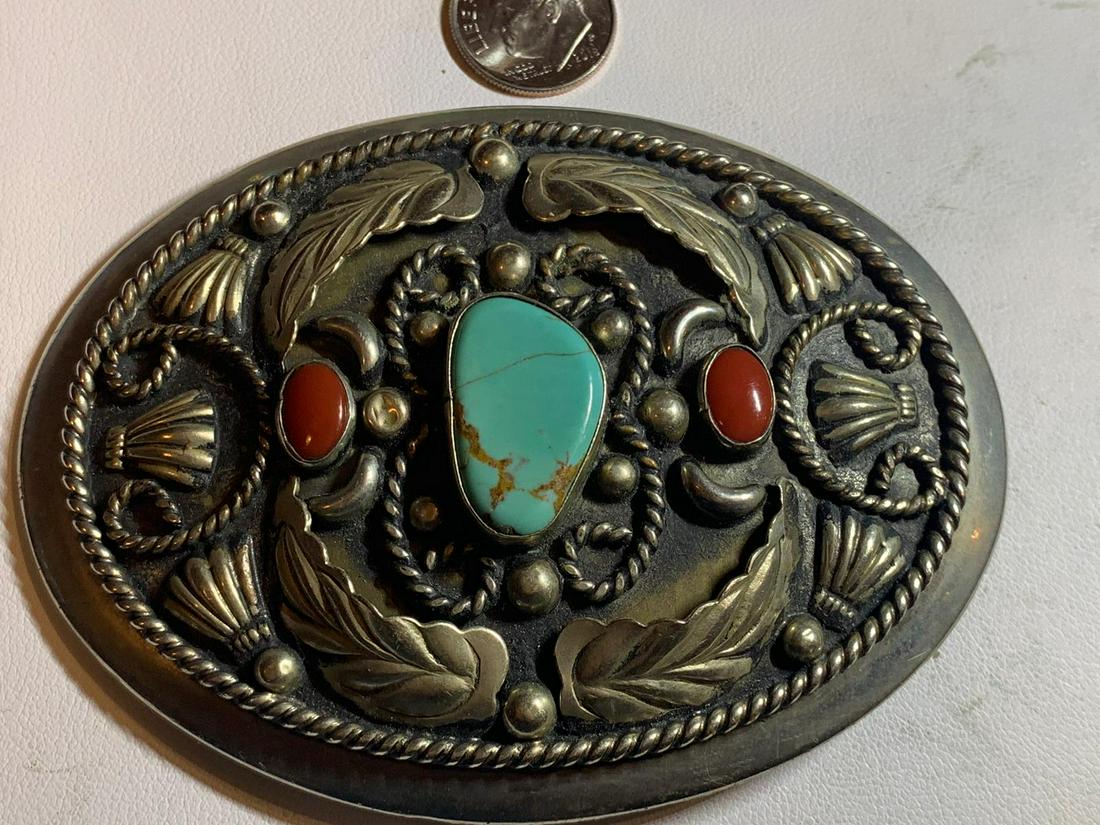 SIGNED TURQUOISE & CORAL STERLING BELT BUCKLE: SIGNED TURQUOISE & CORAL STERLING BELT BUCKLE. WEIGHS 78 GRAMS. IN EXCELLENT SHAPE AND OVERALL CONDITION. SIGNED ALPACA - MEXICO. A GREAT ADDITION TO YOUR COLLECTION.