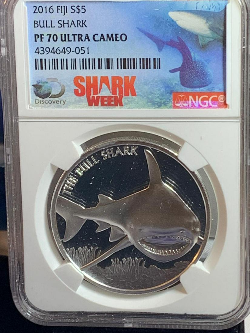 2016 FIJI $5 BULL SHARK 1 OZ SILVER COIN PF 70 UC: 2016 FIJI $5 BULL SHARK 1 OZ SILVER COIN PF 70 ULTRA CAMEO