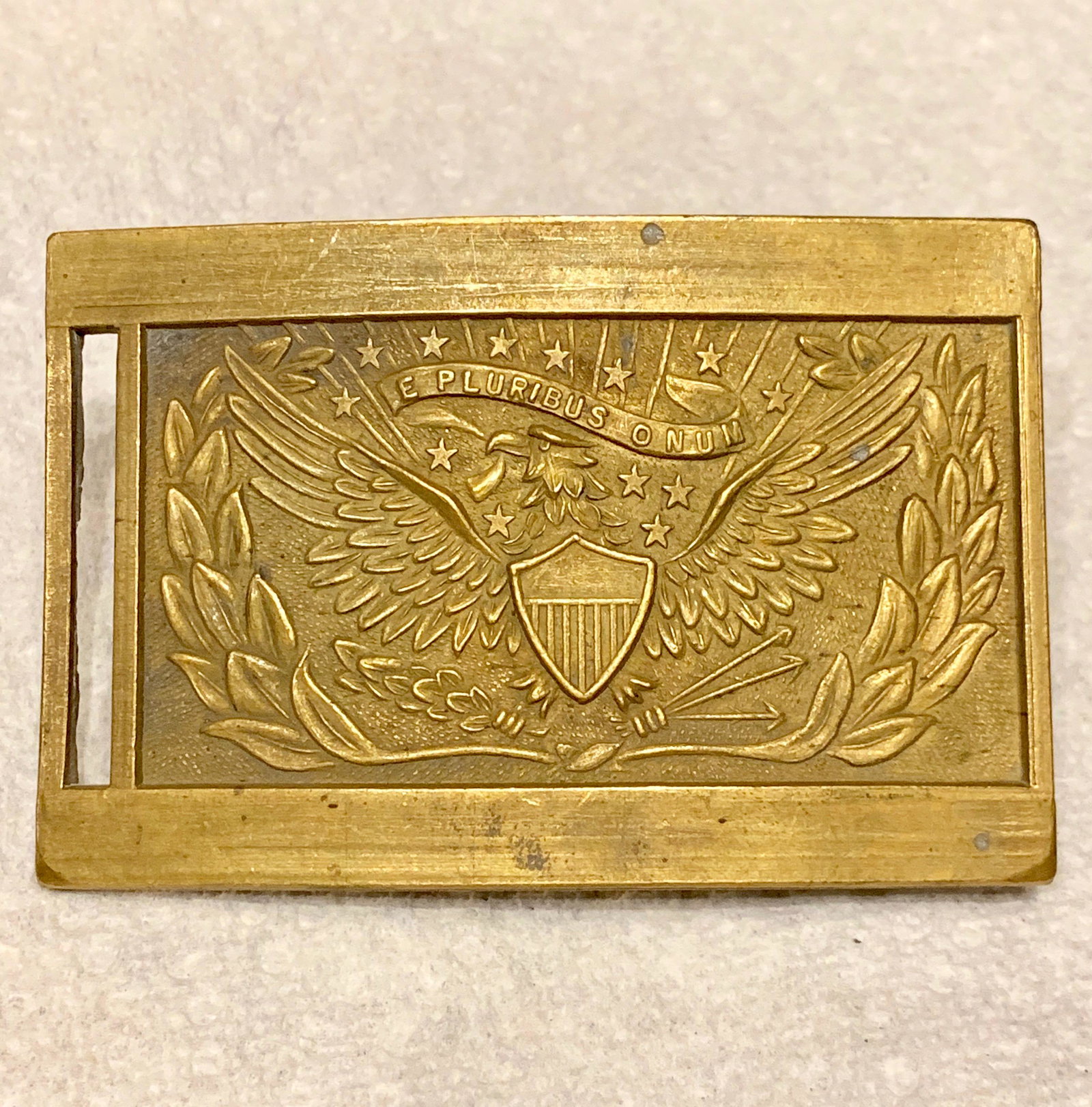 CIVIL WAR OFFICERS BELT BUCKLE WILKINSON EXPORT & CO.: CIVIL WAR OFFICERS BELT BUCKLE WILKINSON EXPORT & CO. THIS IS A VERY RARE FIND - ESPECIALLY WITH THE MAKER MARKS ON THE BACK. PLEASE VIEW ALL DETIALED PICTURES. A GREAT FIND AND AN EXCELLENT ADDIITON 