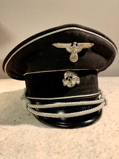 RARE WW2 GERMAN WAFFEN SS OFFICERS VISOR HAT -: RARE WW2 GERMAN WAFFEN SS OFFICERS VISOR HAT - TOTENKOMPF OFFICERS HAT. THIS IS A VERY RARE FIND. APPEARS TO BE WELL USED. STILL HAS THE ORIGINAL RZM TAGS INSIDE. BOTH TAGS ARE LOCATED ON THE INSIDE