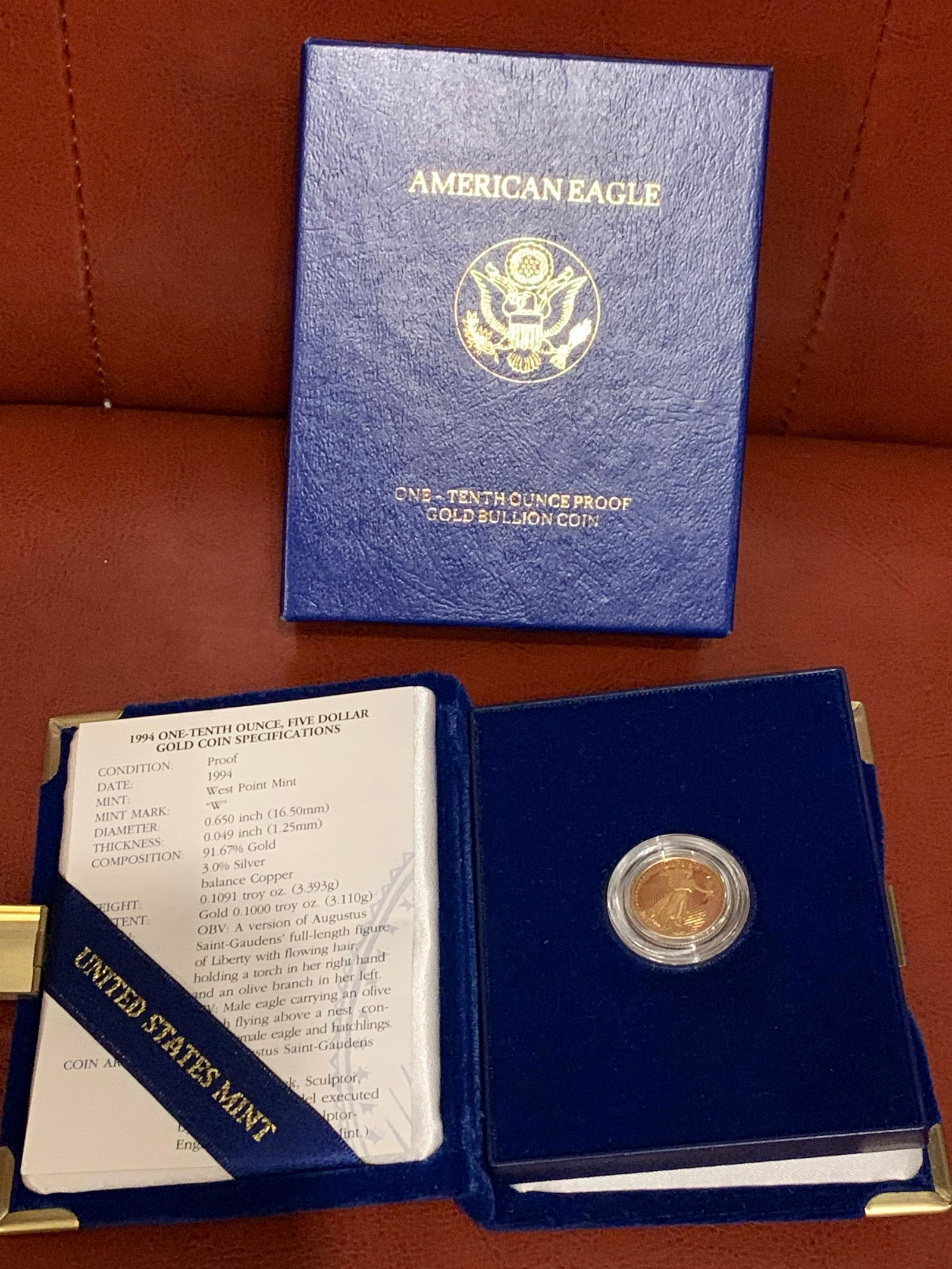 1994 1/10 OZ $5 GOLD PROOF COIN W/BOX (1 of 4)