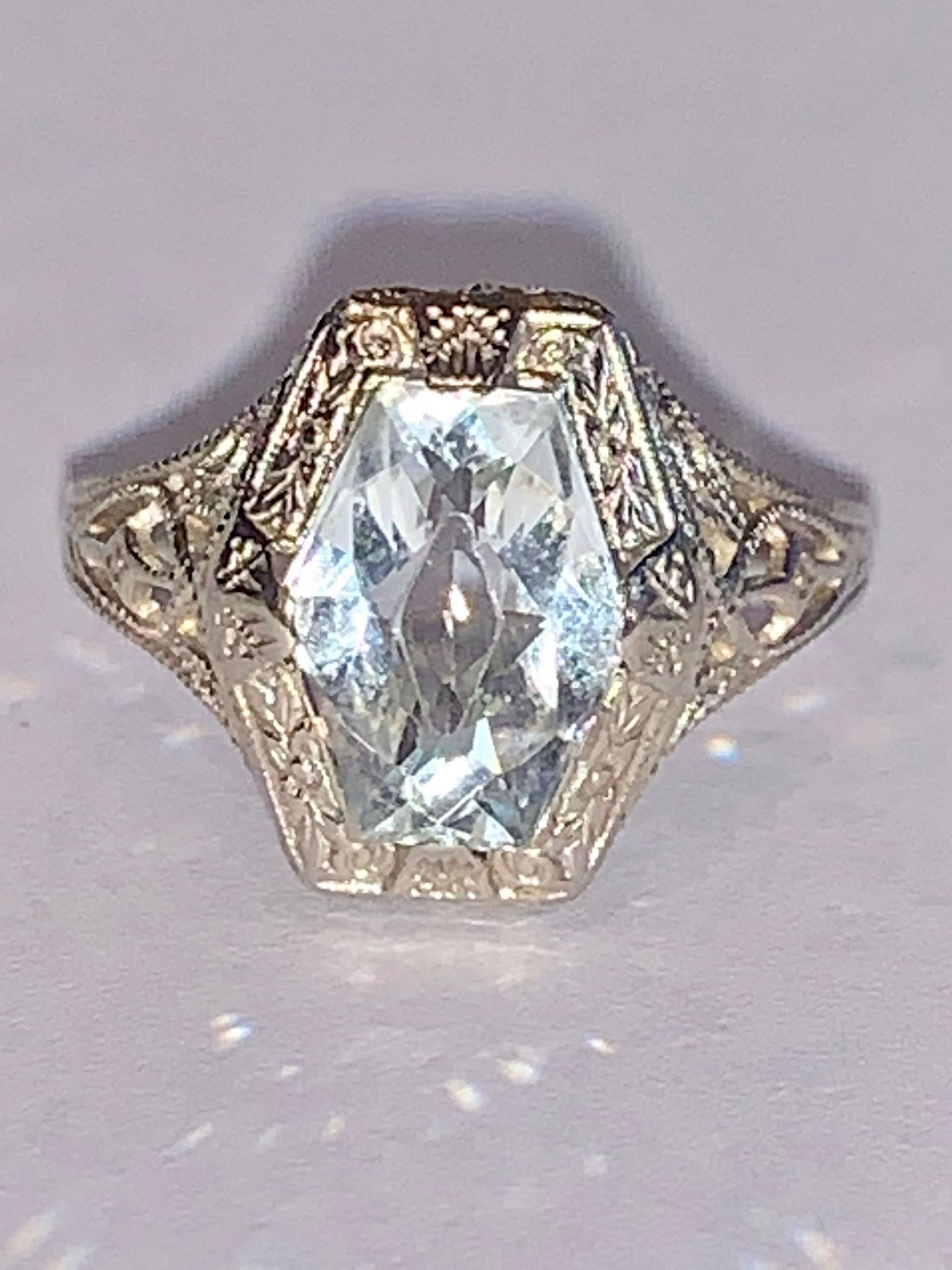 ART DECO 14K GOLD 1.5 CT AQUAMARINE FILIGREE RING (1 of 3)