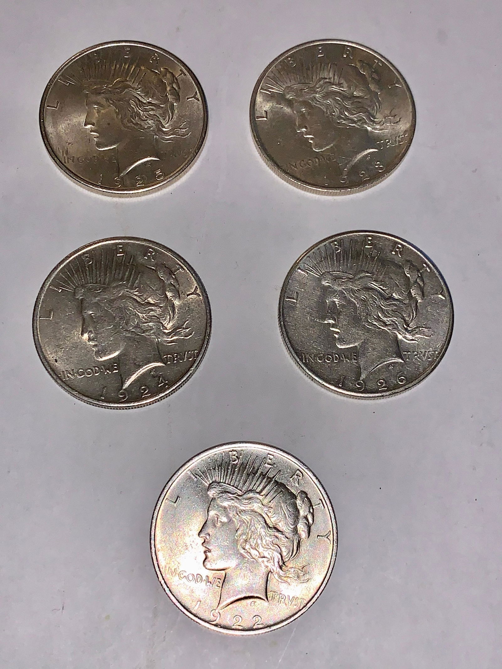 LOT OF (5) 1920's 1 OZ SILVER PEACE DOLLARS (1 of 5)