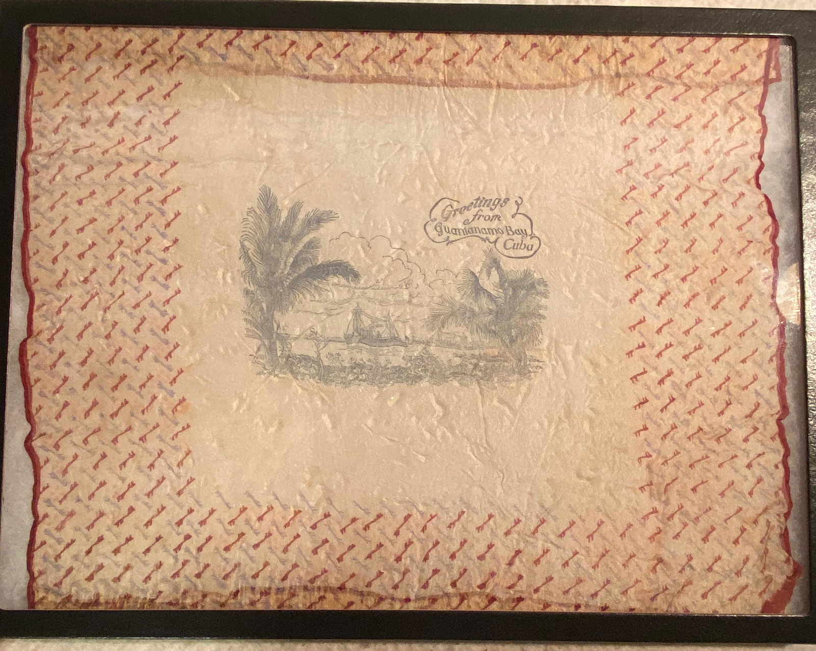 ANTIQUE GREETINGS FROM GUANTANOMO BAY HANKIE: ANTIQUE GREETINGS FROM GUANTANOMO BAY, CUBA HANKIE. IN MINT OVERALL SHAPE AND CONDITION. A GREAT FIND AND AN EXCELLENT ADDITION TO YOUR COLLECTION.
