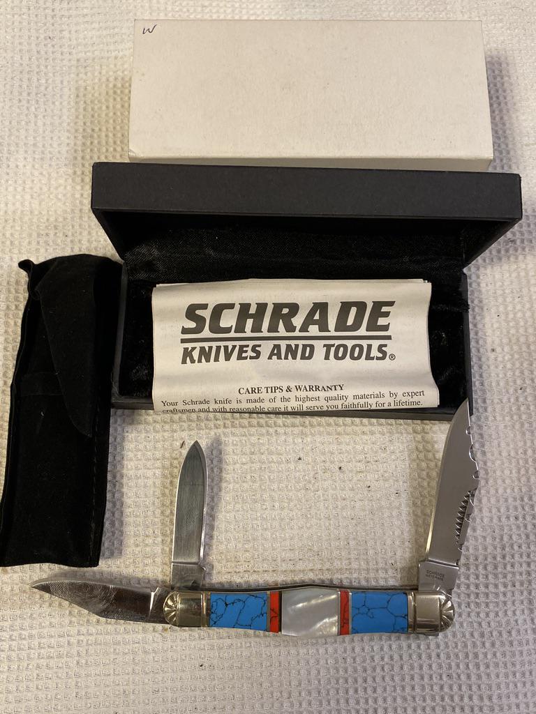 SCHRADE HAND-MADE SCWTP POCKET KNIFE: SCHRADE HAND-MADE SCWTP POCKET KNIFE. IN OVERALL GREAT CONDITION AND SHAPE. BRAND NEW AND A PERFECT ADDITION TO YOUR COLLECTION!