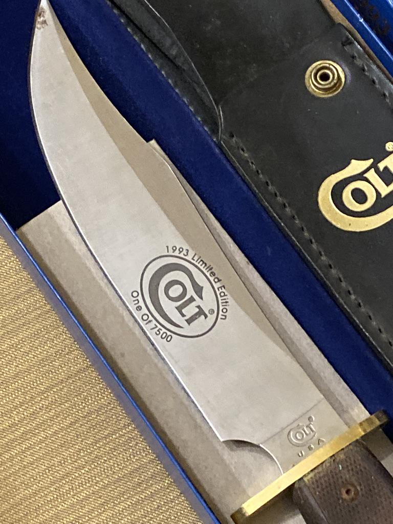 1993 LIMITED EDITION COLT BOWIE KNIFE: 1993 LIMITED EDITION COLT BOWIE KNIFE. THIS IS A 1 OF 7500. BRAND NEW SHAPE AND CONDITION, NEVER USED!! A GREAT ADDITION TO YOUR COLLECTION!