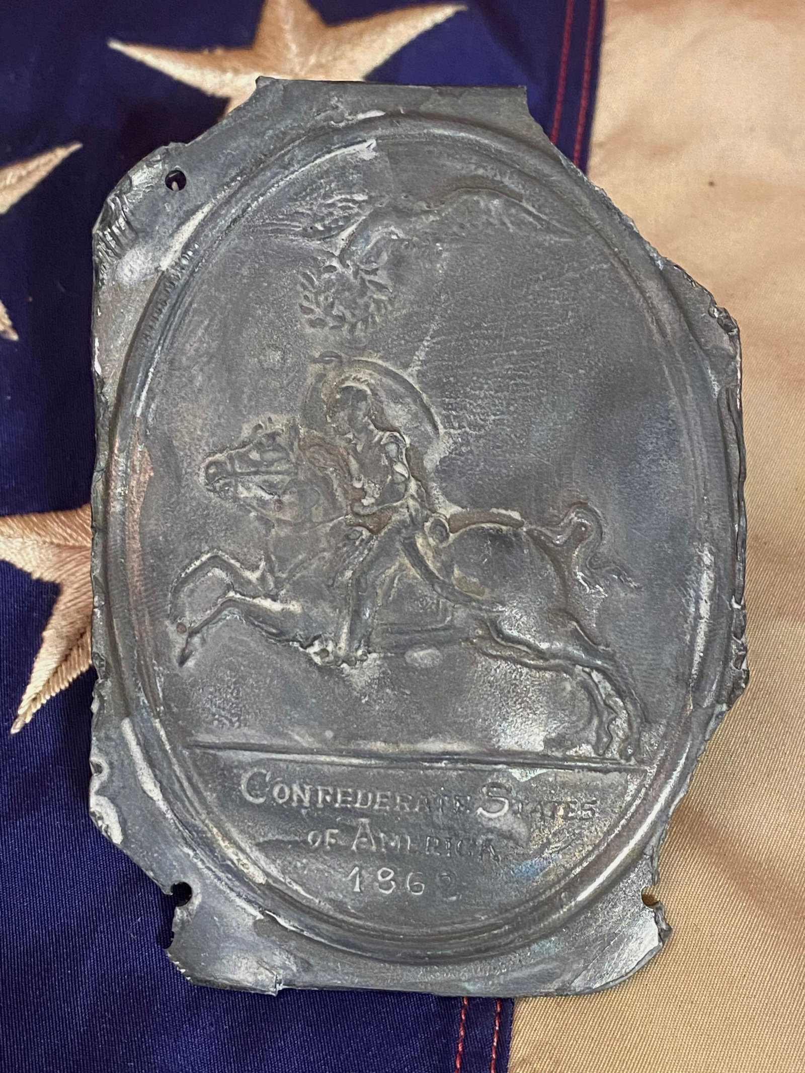 DATED 1862 CIVIL WAR CONFEDERATE PLATE: DATED 1862 CIVIL WAR CONFEDERATE PLATE. APPEARS TO BE IN ROUGH SHAPE AND CONDITION, BUT THE OVAL PLATE IS STILL INTACT. APPEARS TO BE IN DUG CONDITION BUT WE ARE NOT SURE. PLEASE VIEW ALL PICTURES. A 
