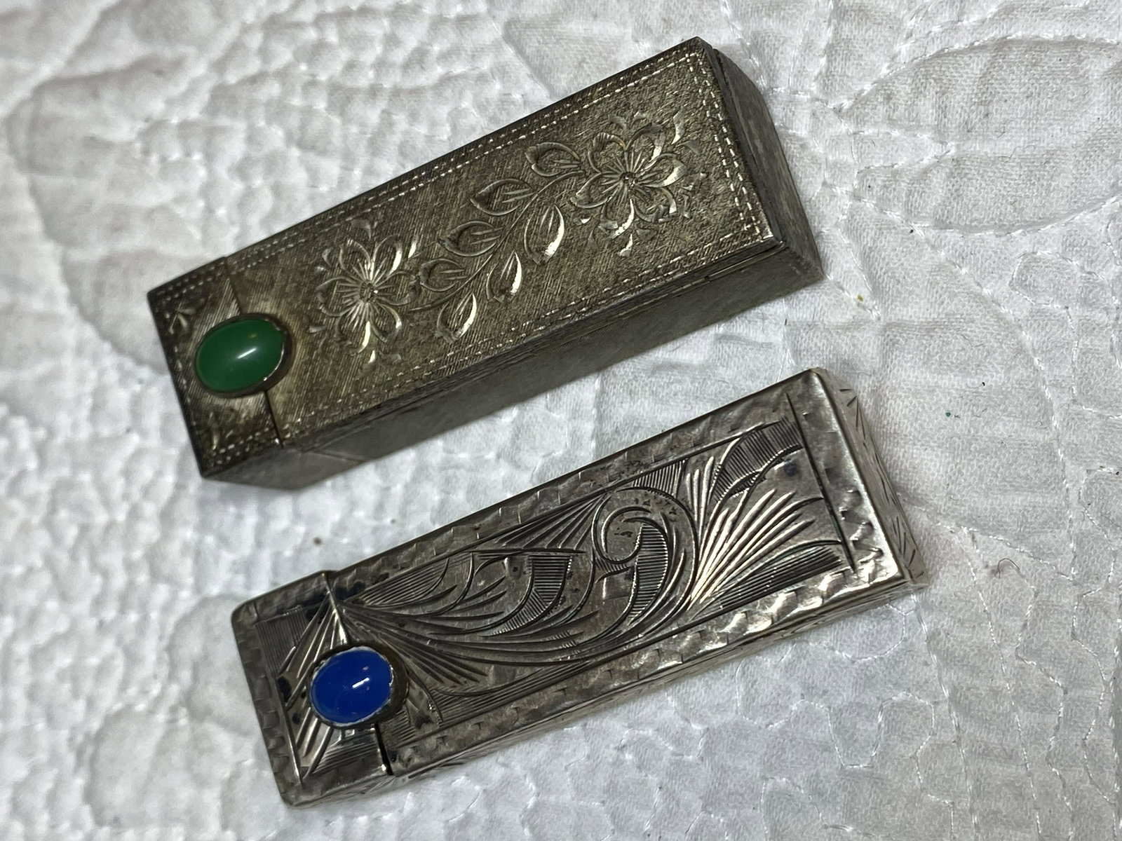 ANTIQUE 800 SILVER LIPSTICK COVERS W/GEMSTONES: ANTIQUE 800 SILVER LIPSTICK COVERS W/GEMSTONES. A GREAT ADDITION TO YOUR COLLECTION.