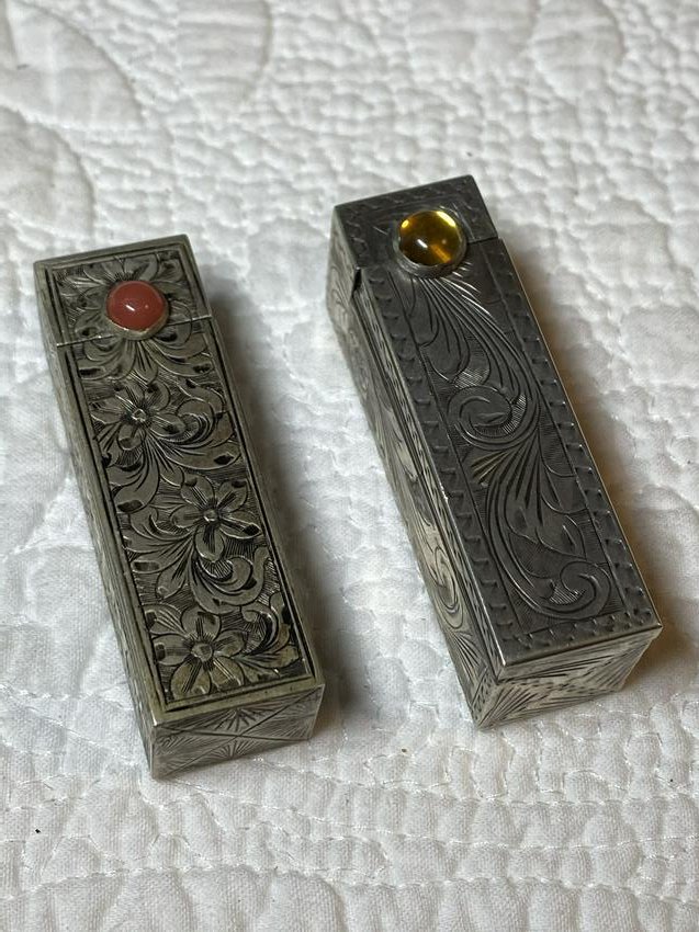 ANTIQUE 800 SILVER LIPSTICK COVERS W/GEMSTONES: ANTIQUE 800 SILVER LIPSTICK COVERS W/GEMSTONES. A GREAT ADDITION TO YOUR COLLECTION.