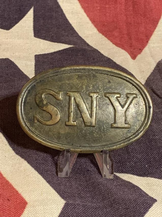 RARE CIVIL WAR SNY CARTRIDGE BOX PLATE: RARE CIVIL WAR SNY CARTRIDGE BOX PLATE. IN MINT OVERALL SHAPE AND CONDITION WITH A BEAUTIFUL OVERALL PATINA. APPEARS TO BE HEAVILY USED WITH PITTING, ETC. IN GREAT COLLECTIBLE SHAPE AND CONDITION - RE
