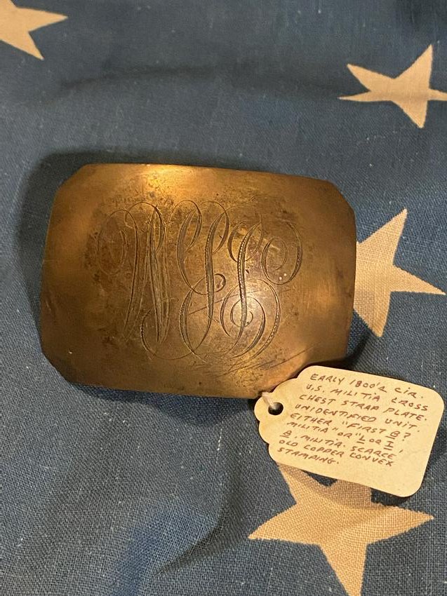 RAE CIVIL WAR ERA PRIVATE MILITIA CROSS CHEST STRAP: RAE CIVIL WAR ERA PRIVATE MILITIA CROSS CHEST STRAP PLATE. IN EXCELLENT OVERALL SHAPE AND CONDITION WITH A BEAUTIFUL OVERALL PATINA. THIS PLATE WAS ORIGINALLY PURCAHSED IN RICHMOND, VA. IN THE 1950'S.