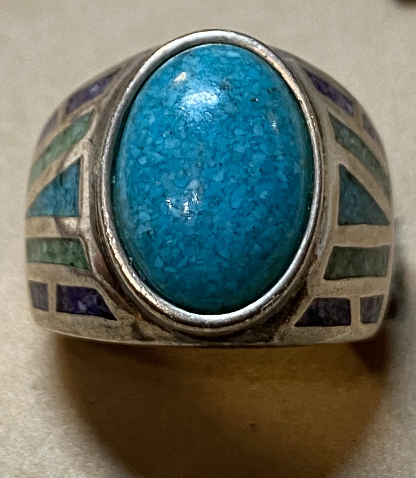 RARE NATIVE AMERICAN TURQUOISE INLAID RING - STERLING (1 of 2)