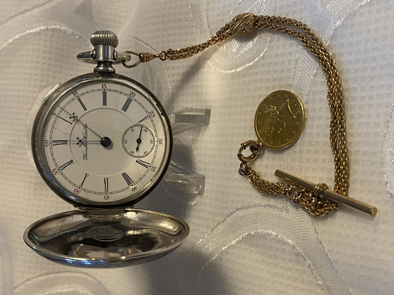 ANTIQUE HAMILTON POCKET WATCH W/ GOLD COIN FOB (1 of 11)