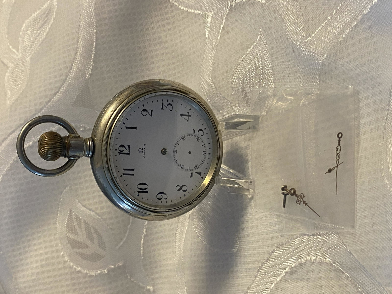 RARE OMEGA RAILROAD POCKET WATCH FOR PARTS: RARE OMEGA RAILROAD POCKET WATCH FOR PARTS. HAS A TRAIN ENGRAVING ON THE BACK OF THE CASE. COMES WITH THE ORIGINAL HANDS - VIEW PICTURES. A GREAT WATCH FOR A WATCHMAKER TO BRING IT BACK TO LIFE. WOULD