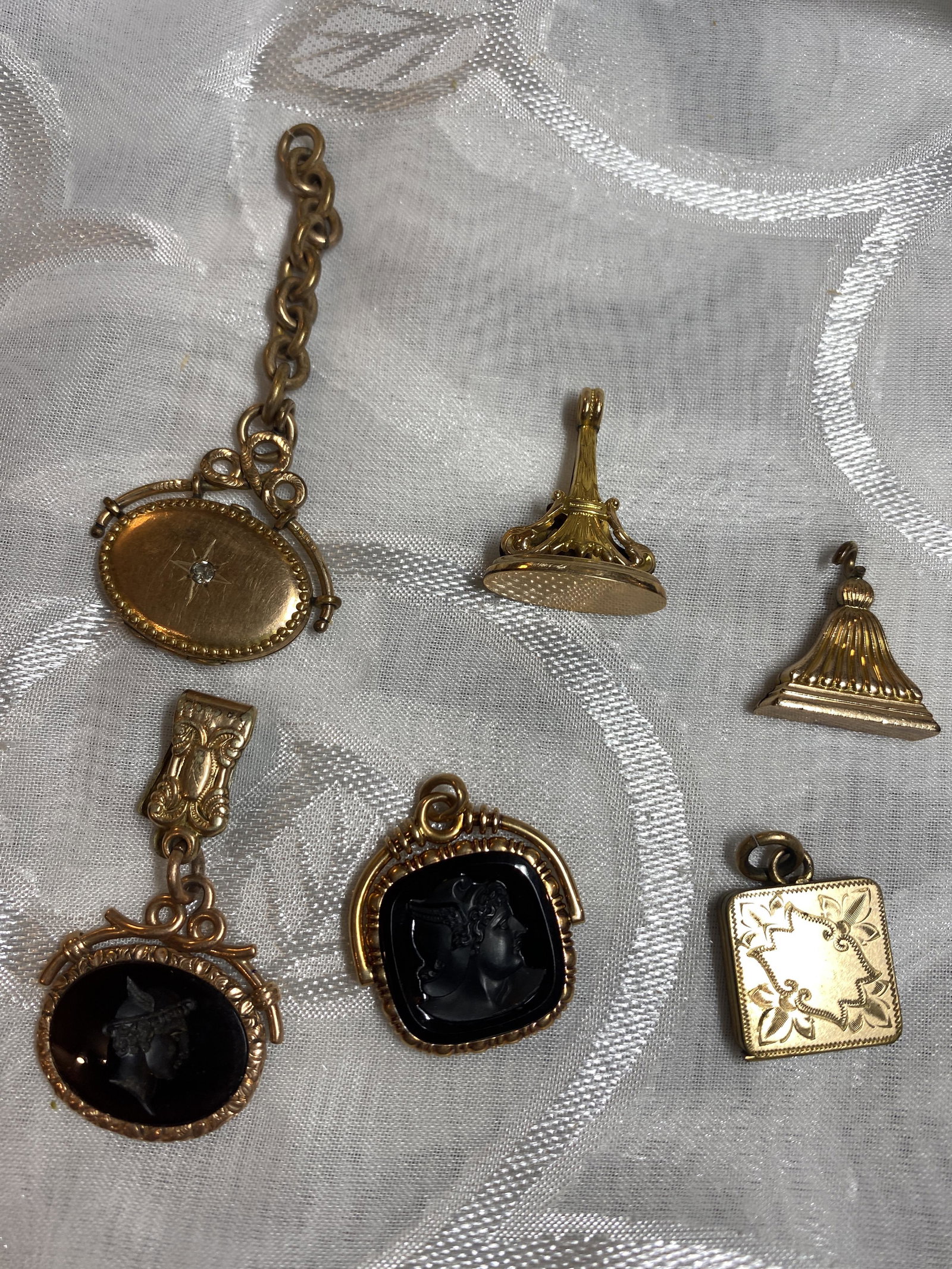 LOT OF (6) VICTORIAN GOLD WATCH FOBS: LOT OF (6) VICTORIAN GOLD WATCH FOBS. A GREAT FIND AND AN EXCELLENT ADDITION TO YOUR COLLECTION.