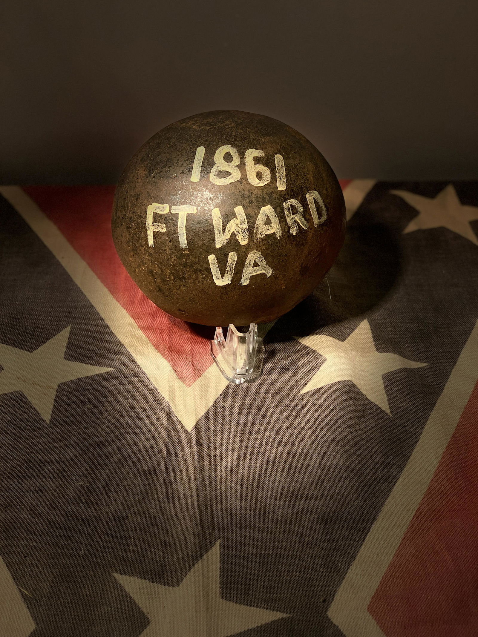 RARE DATED 1861 FT. WARD, VA LARGE CANNON BALL: RARE DATED 1861 FT. WARD, VA LARGE CANNON BALL. IN EXCELENT OVERALL SHAPE AND CONDITION. WEIGHS 12+ LBS. PLEASE VIEW ALL DETAILED PICTURES. A NICE DISPLAY ADDITION TO YOUR COLLECTION.
