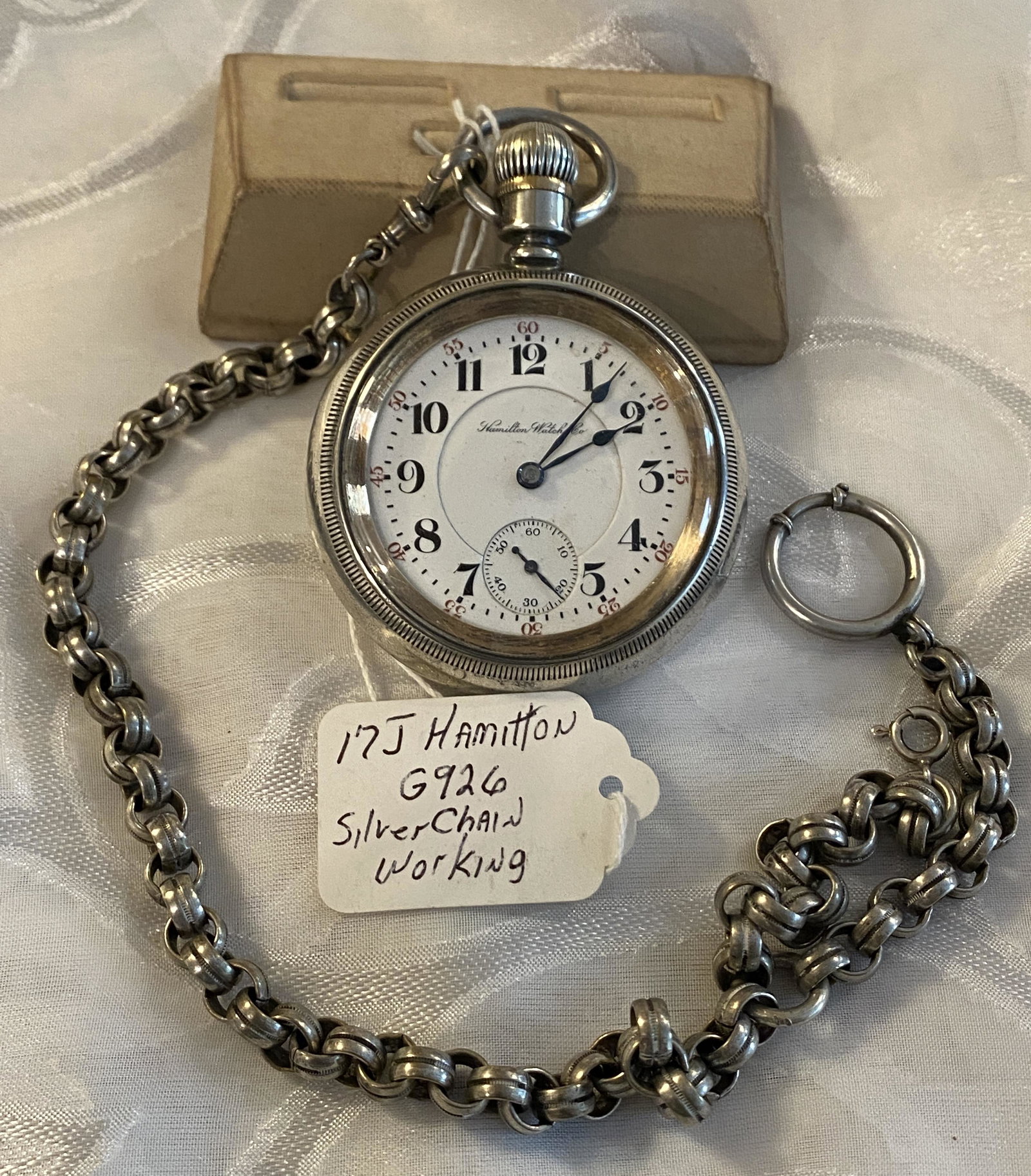 RAILROAD HAMILTON G926 LARGE POCKET WATCH W/HEAVY: RAILROAD HAMILTON G926 LARGE POCKET WATCH W/HEAVY SILVER FOB. THIS WATCH IS IN MINT OVERALL SHAPE AND CONDITION. RUNS AND KEEPS TIME, HOWEVER, WE ARE NOT SURE ON THE ACCURACY ON TIME. WATCH DOES WIND,
